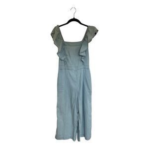 Oysho Denim Ruffle Feminine Boho Casual Comfy Jumpsuit Chambray Blue Size Medium